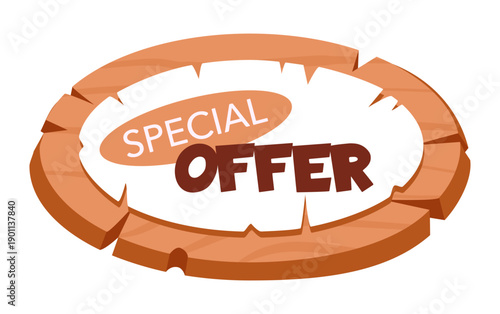Special offer wooden signboard. Discount wood board, paper placard with sale advertising on wood sign flat vector illustration. Hanging special offer sign on white