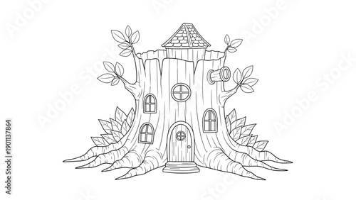 An elaborate black and white line drawing of a whimsical tree stump house, adorned with multiple windows, a charming door, and a small tower.