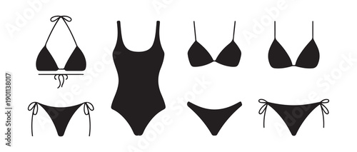 Set of swimsuit icons doodle style isolated on white background with black fill and transparent outline