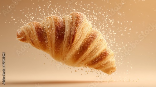 Butter Croissant Floating Weightlessly Mid-Air with Golden Crumbs Orbiting, Gravity-Defying, Airy Minimal Background with Large Copy Space, Premium Playful Commercial Illustration