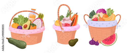 Wicker picnic baskets. Fresh vegetables in hamper basket, wicker basket flat vector illustration set. Handle picnic basket with veggies and fruits on white