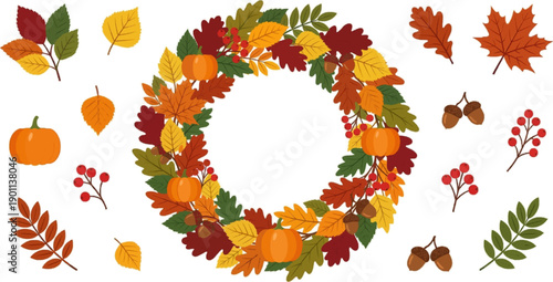 Autumn fall wreath circle frame watercolor colorful leaves foliage orange red yellow maple oak pumpkin berries seasonal decoration design