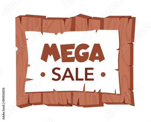 Wooden signboard with discount. Mega sale wood board, paper placard with sale advertising on wood sign flat vector illustration. Hanging mega sale offer sign