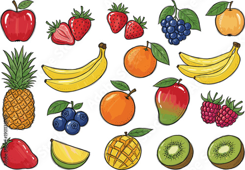 Hand-drawn colorful fruit collection featuring apple, banana, strawberry, and tropical fruitsHand-drawn colorful fruit collection featuring apple, banana, strawberry, and tropical fruits