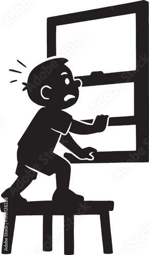 A kid feel struggling while he open windows  in black and white silhouette with transparent background 