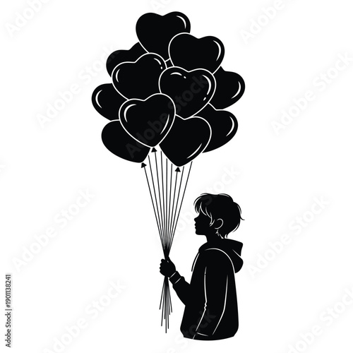 Silhouette of a person holding a large bunch of heart-shaped balloons against a white background