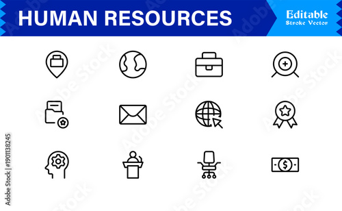 Human Resources Professional Line Icon Set – Modern Minimal Outline Symbols for HR Management, Recruitment, and Business