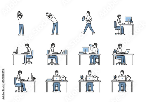 Office Worker Routine Health Break Exercises And Computer Work Set Of Icons Showing Daily Activities Desk Tasks And Standing Stretches