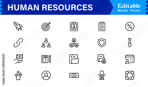 Human Resources Professional Line Icon Set – Modern Minimal Outline Symbols for HR Management, Recruitment, and Business