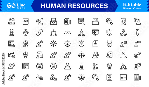 Human Resources Professional Line Icon Set – Modern Minimal Outline Symbols for HR Management, Recruitment, and Business