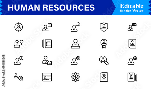 Human Resources Professional Line Icon Set – Modern Minimal Outline Symbols for HR Management, Recruitment, and Business