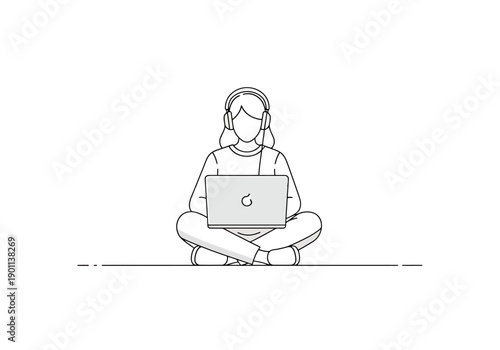 Focused Person Working Remotely Using Laptop While Wearing Headphones And Sitting Cross Legged On Floor With Minimalist Outline Style