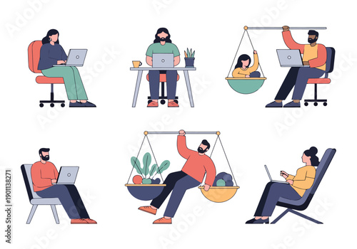 Diverse People Working Remotely Balancing Life With Digital Tools On Modern Furniture And Scales Representing Equilibrium