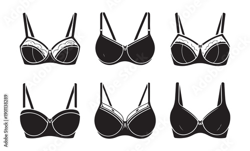 Six black bras vector illustrations with decorative lace and straps on white isolated background
