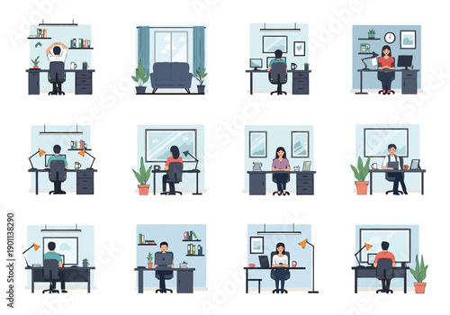 Diverse individuals working at home offices set up with desks computers and plants demonstrating remote work arrangements