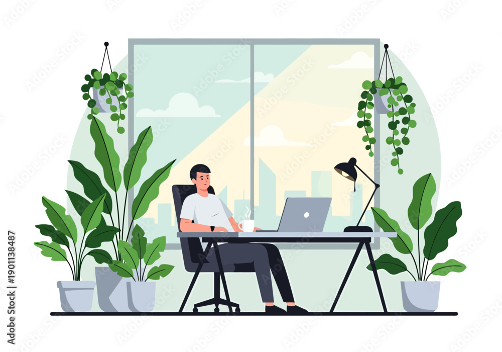 Fototapeta premium Person working at home office desk with laptop and plants natural light and city view through window