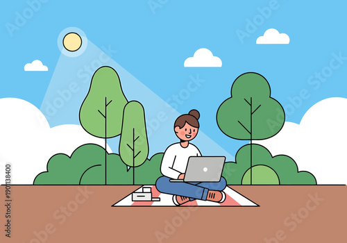 Young woman works on laptop computer outdoors on picnic blanket in sunny park surrounded by green trees and blue sky with fluffy clouds representing