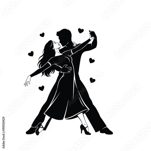 Elegant Silhouette of a Couple Dancing Together with Hearts Floating Around Them