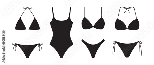 Black outline vector set of swimwear and bras on white background for fashion graphic design