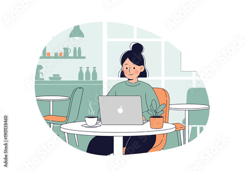 Woman Working Remotely On Laptop Computer In Coffee Shop Cafe Business Freelancer Professional Person Digital Nomad Lifestyle Activity