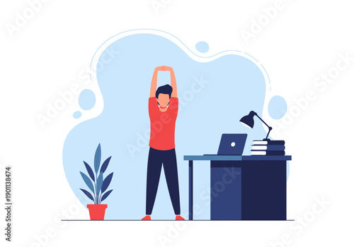 Man stretching arms overhead while standing near desk for office fitness break healthy work lifestyle concept flat design