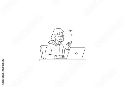Young Person Wearing Hoodie Sitting at Desk Working on Laptop Computer With Small Paper Pieces Floating Around In Clean White Background Simple Line