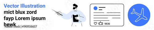 Marketing, business strategies, digital profiles, airline services, presentation tools, and travel planning. A person presenting next to an online profile card and airplane icon. Marketing