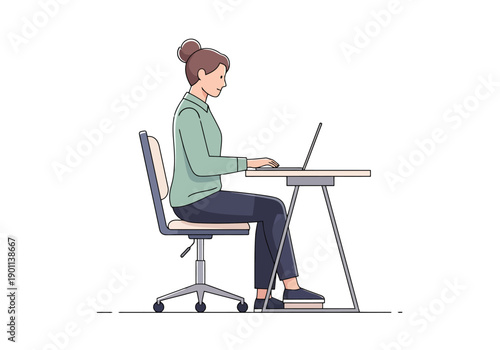 Woman typing on laptop at desk in office workspace with swivel chair and technology setup for remote work or study learning online development