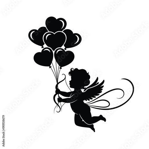 Ethereal silhouette of a winged Cupid taking flight, carrying a bow, arrow, and a bouquet of heart-shaped balloons, symbolizing eternal love, romance, and Valentine's Day celebrations