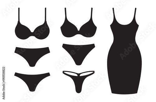 Womens undergarment collection with various bra and thong styles plus dress silhouette vector flat icon pack