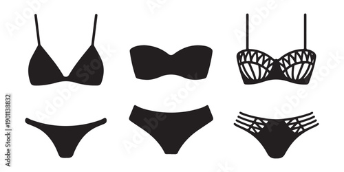 Bikini swimwear icons set featuring triangle tops bandeau bra and cutout bottom designs vector illustrations