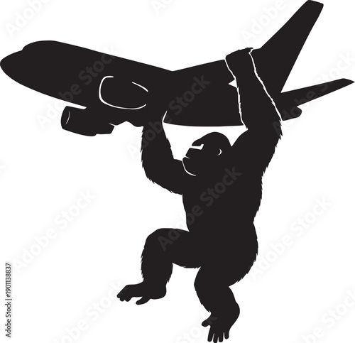  Kong is hanging on airplane in black and white silhouette with transparent background 