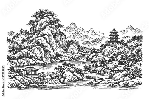 Traditional Chinese Ink Painting Style Landscape with Pagoda Temple Ancient Bridge and High Mountains Black and White Vector Illustration