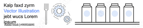 Manufacturing, automation, production, efficiency, industrial workflow, process design. Image shows gears, fork and bottles on an assembly line. Manufacturing and automation concept