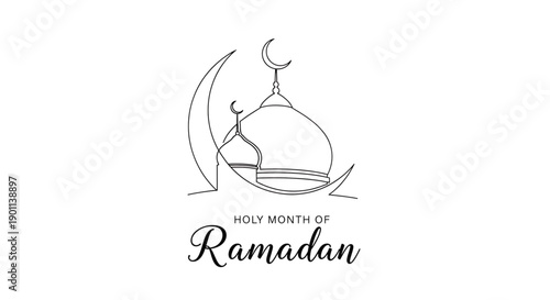 A minimalist vector graphic illustration of a mosque with a crescent moon symbolizing the Holy Month of Ramadan