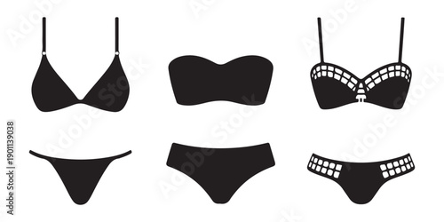 Swimming suit icons with geometric laser cut details and bandeau bikini set vector isolated on white ground