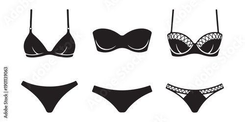 Set of black female swimwear lingerie icons isolated on white background depicting various bra and panty styles
