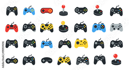Collection of various colorful video game controllers isolated on white background