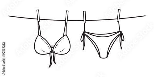 Black outline of a bikini set drying on clothesline with clothespins against white background