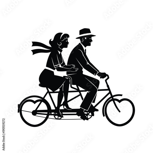 Classic black and white illustration of a happy couple enjoying a leisurely ride on a tandem bicycle, symbolizing partnership, shared journey, and vintage charm