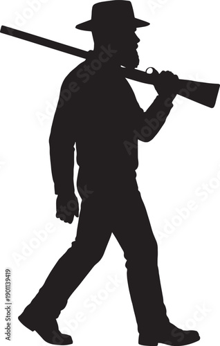 A beard man walk with shotgun  in black and white silhouette with transparent background 