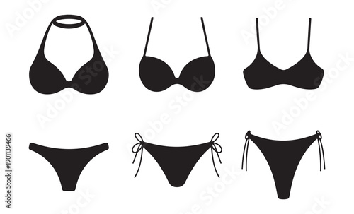 Collection of black bikini tops and bottoms isolated on white background for summer fashion