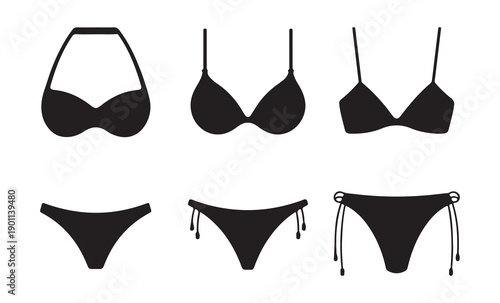 Collection of black bikini tops and bottoms isolated on white background for summer fashion