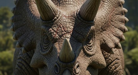 Close-up detailed portrait of a majestic Triceratops dinosaur face showcasing its formidable horns and textured skin