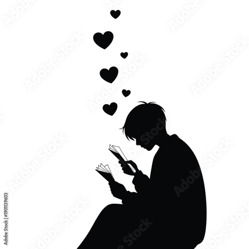 Silhouetted figure absorbed in reading or a digital device, with hearts rising, symbolizing a deep passion for knowledge, stories, and emotional connection in modern life