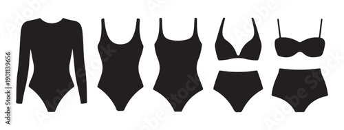 Black silhouette swimsuit icons isolated on white background collection of one piece and two piece designs