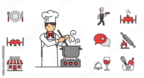Chef cooking in a restaurant kitchen with various food icons.