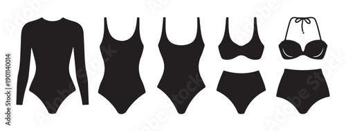 Black silhouette swimsuit icons isolated on white background collection of one piece and two piece swimwear