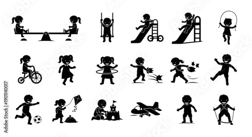 Children playing on playground equipment and toys silhouette set.