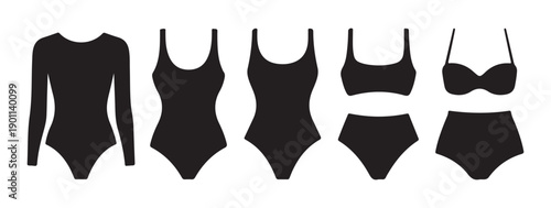 Set of black swimsuits isolated on a white background swimwear fashion design collection vector illustration